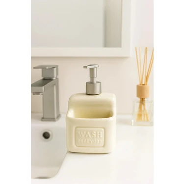 Makri Home 500 ml Seramik Süngerlikli Sıvı Sabunluk Deterjanlık Şık ve Pratik Krem