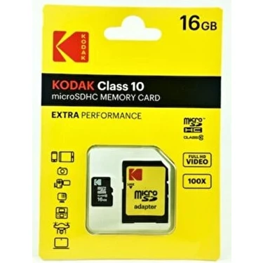 Kodak Extra 16 GB Micro SD Hafıza Kartı ve Adaptör Class 10 Yüksek Hızlı