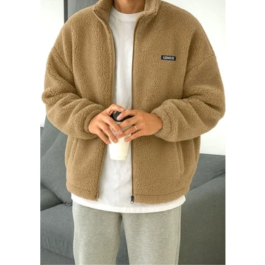 Oversize Peluş Tam Fermuarlı Sweatshirt Peluş Içi Polarlı Sherpa Kumaş