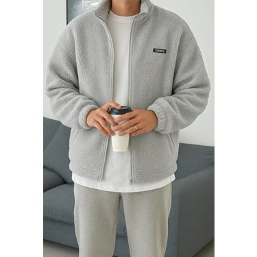 Oversize Peluş Tam Fermuarlı Sweatshirt Peluş Içi Polarlı Sherpa Kumaş