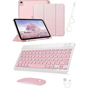 Apple iPad 10.nesil 10.9 ve 11. Nesil A16 Uyumlu Flip Kılıf Rose + Bluetoothlu Klavye Mouse +