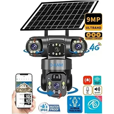 O-Kam 6060 9MP Ultrahd 4G Güneş Enerjili Akıllı Güvenlik Kamerası Üç Lensli Bağlantı