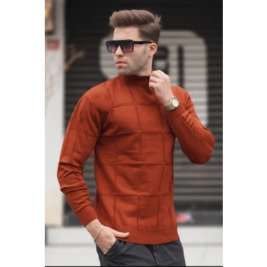 Madmext Kiremit Renkli Balıkçı Yaka Triko Kazak Erkek Fitted Stil Geometrik