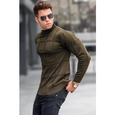 Madmext Haki Renkli Yarım Balıkçı Yaka Triko Kazak Erkek Uzun Kol Fitted