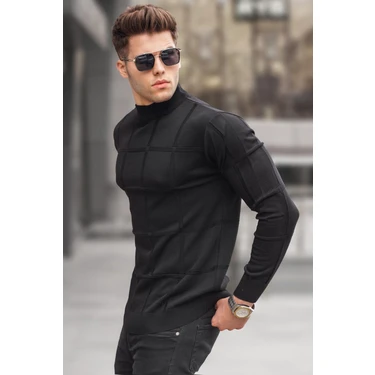 Madmext Siyah Balıkçı Yaka Triko Kazak Erkek Fitted Kesim Geometrik