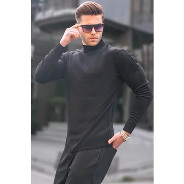 Madmext Erkek Slim Fit Siyah Yarım Balıkçı Yaka Triko Kazak Günlük
