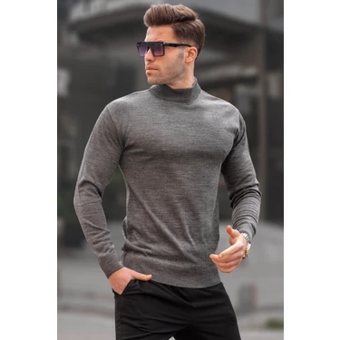 Madmext Antrasit Renk Slim Fit Yarım Balıkçı Yaka Erkek Triko Kazak Günlük Stil