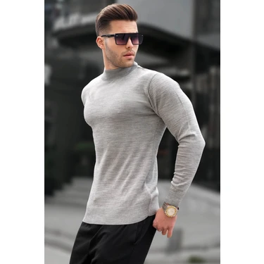 Madmext Gri Slim Fit Yarım Balıkçı Yaka Erkek Triko Kazak