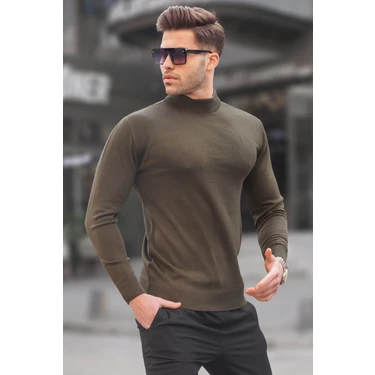Madmext Haki Slim Fit Yarım Balıkçı Yaka Erkek Triko Kazak