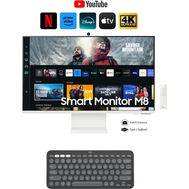 Samsung 32 İnç 4K Akıllı-Smart Monitör Tv M8 M80C Beyaz Slim Tasarım Premium Gövde + Logitech