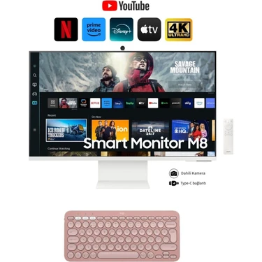 Samsung 32 İnç 4K Akıllı-Smart Monitör Tv M8 M80C Beyaz Slim Tasarım Premium Gövde + Logitech