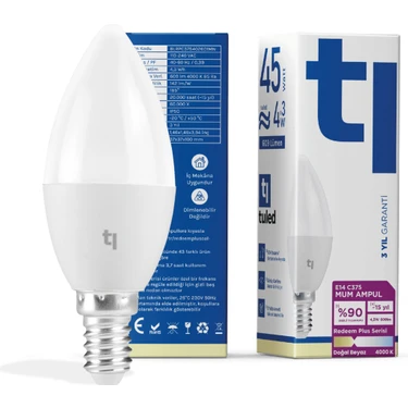 Tuled Redeem Plus C37S E14 Mum Ampul, Titreşimsiz, Göz Konforu, 609 Lümen, Doğal Beyaz, 4000