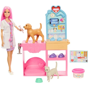 Barbie®'nin Veteriner Kliniği™ Bebek ve Aksesuarlar Oyun Seti, Pembe Saçlı Bebek, Veteriner