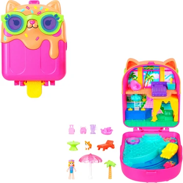 Polly Pocket™ Kediciğin Tatili™ Mini Oyun Seti, 1 Mikro Bebek ve Yavru Köpek Figürü, Temaya Uygun