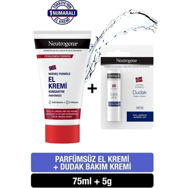 Neutrogena Norveç Formülü Parfümsüz El Kremi 75 ml + SPF20 Dudak Bakım Kremi 4.8