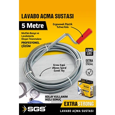SGS972 5 Metre Lavabo Açma Sustası Lavabo Gider Boruları Açma