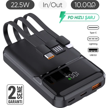 SNP-3006 10.000 Mah Hızlı Şarj LED Göstergeli Powerbank 3in1 Dahili Kablolu Powerbank Çoklu