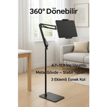 Smayling 360° Döner Zemin Ayaklı Tablet/telefon Standı – 4,7–12,9 Inç'' Uyumlu, 3 Eklemli Metal