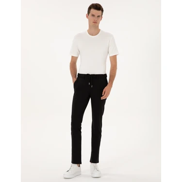 Pierre Cardin Erkek Siyah Slim Fit Beli Lastikli Kordonlu Jogger Kanvas Pantolon