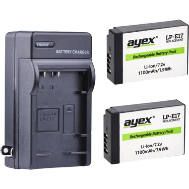 Ayex LP-E17 2’li 1100MAH Yedek Batarya + Akıllı Şarj Cihazı Seti (Canon Eos Rp, R100, R50, R8, 77D,