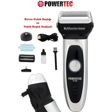 Powertec TR-250 Günlük Sakal Ve Burun-Kulak Tıraş Makinesi Yedek Başlık Hediyeli - METALİK GRİ-Yeni