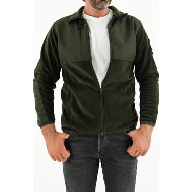 Souris Erkek Haki Slim Fit Anti-Pilling Tüylenme Yapmayan Tam Fermuar Softshell Garnili Polar