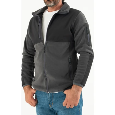 Souris Erkek Füme Slim Fit Anti-Pilling Tüylenme Yapmayan Tam Fermuar Softshell Garnili Polar