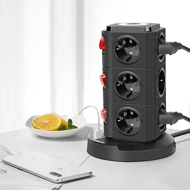 Smayling Akım Korumalı 12 Prizli Çoklu Uzatma Kablosu - 3 USB Girişli, Anahtarlı, Kule Tipi, 2