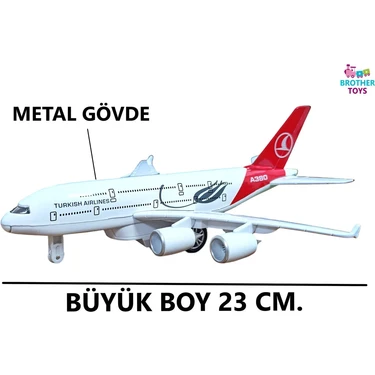 Brother Toys Metal Gövdeli Büyük Boy 23 Cm. Sesli Işıklı Çekbırak Oyuncak Uçak Türk Hava Yolları