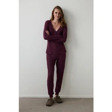 Bordo Cozy Time V Yaka Uzun Kollu Pijama