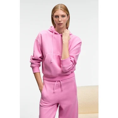 Grimelange SELENE Kadın Kapüşonlu Kangru Cepli Regular Fit Pembe