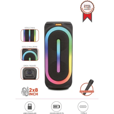 Torima Bluetooth Hoparlör Rgb Işıklı Mikrofonlu 50W Kablosuz Speaker D63