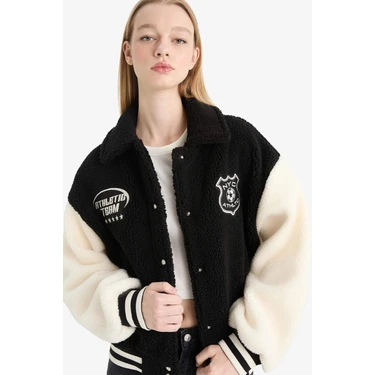 DeFacto Oversize Geniş Kalıp Polo Yaka Pelüş Bomber Ceket