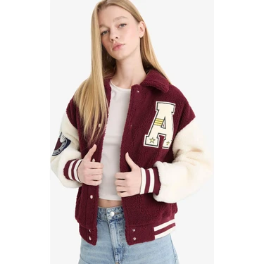DeFacto Oversize Geniş Kalıp Polo Yaka Pelüş Bomber Ceket