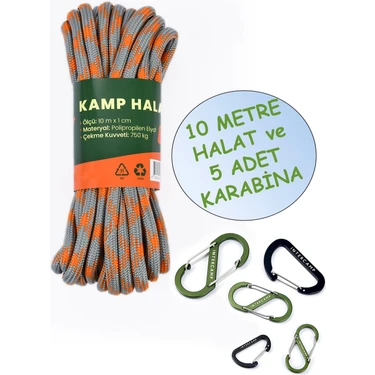 Intercamp 10 Mt. Kamp Halatı + 5 Adet Karabina, Kamp Ipi, Çadır Halatı, Dış Mekan