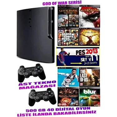 AST Sony Playstation 3 Slim 500 GB 2 Kablosuz Kol ve 40 Dijital Oyun ile Yüksek Performanslı