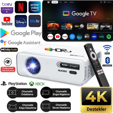 Vankyo Aurzen D1G Android Google Tv 4K Destekli Projeksiyon Cihazı +HDR10+AUTO Focus+Auto