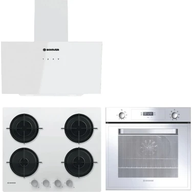 Hoover 3lu Beyaz Cam Ankastre Set HDG6C1GWTK/ HOT3051WI/E Eğimli Davlumbaz Setüstü Ocak Yüksek