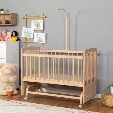 Bamgidoo Ahşap Beşik Anne Yanı Beşik Organik (Boyasız) 60X120 - Tekerlekli Uyku Setsiz ve