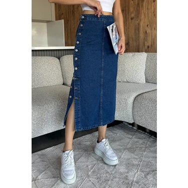 Düğme Detaylı Jean Kot Etek