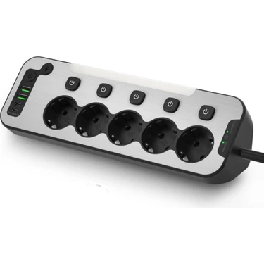 Nekuba Bağımsız Anahtarlı LED Aydınlatmalı 5'li Işıklı Akım Korumalı Köşeli Çoklu Priz, 2x USB - 2x