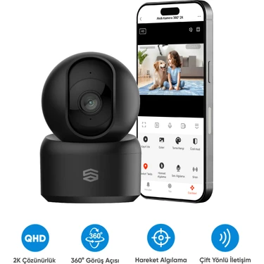 Akıllı 360° Kamera Wi-Fi, 1296p 2K, Gece Görüş, Ses Gönderme ve