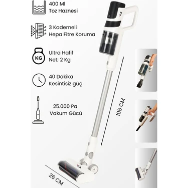 Yui DS17 Şarjlı Dikey Süpürge 350 W Güç Değeri ile Hepa Filtre ve 3 Kademeli Hız