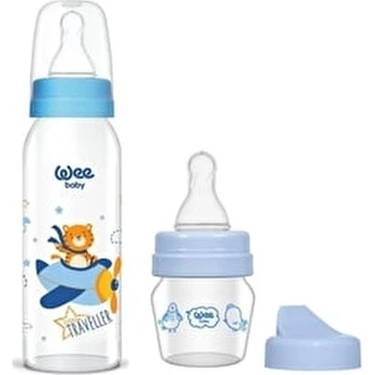Wee Baby Desenli Cam Biberon 250 ml ve Mini Cam Alıştırma Bardağı Seti 30 ml BPA