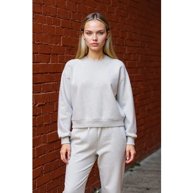 DeFacto Oversize Geniş Kalıp Bisiklet Yaka Basic Düz Kalın Gri Sweatshirt