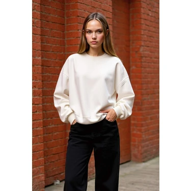 DeFacto Oversize Geniş Kalıp Bisiklet Yaka Basic Düz Kalın Sweatshirt