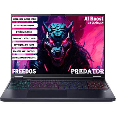 Acer Predator PHN16-73 Core Ultra9 275HX 64 GB 2 TB SSD RTX5070Tİ-12GB 16'' WQXGA IPS FDOS