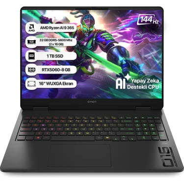 Hp Omen C12CPEA AMD Ryzen AI 9 365 32GB 1tb SSD RTX5060-8GB Freedos 16" Wuxga 144Hz Taşınabilir