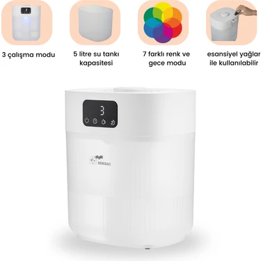 Bebebao Pufi 5lt Ultrasonik 7 Renkli Buhar Makinesi Hava Oda Ortam Nemlendirici Dokunmatik Panel