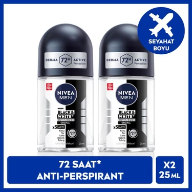 Men Erkek Roll-On Deodorant Black&white Invisible Original 25ML, 72 Saat Anti-Perspirant Ter